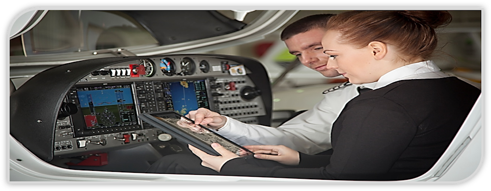 A decorative image showing two pilots in a plane cockpit looking at a tablet