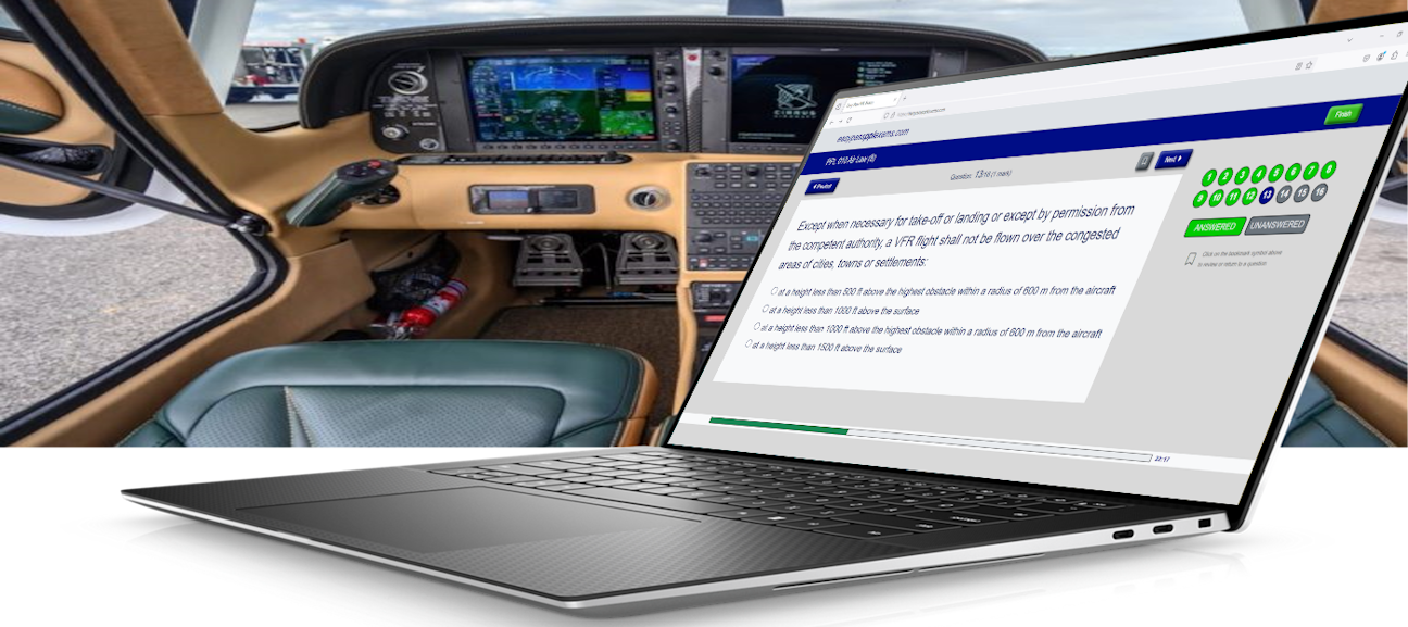 Decorative image of a plane cockpit and a laptop with an example easypasspplexams exam question on screen